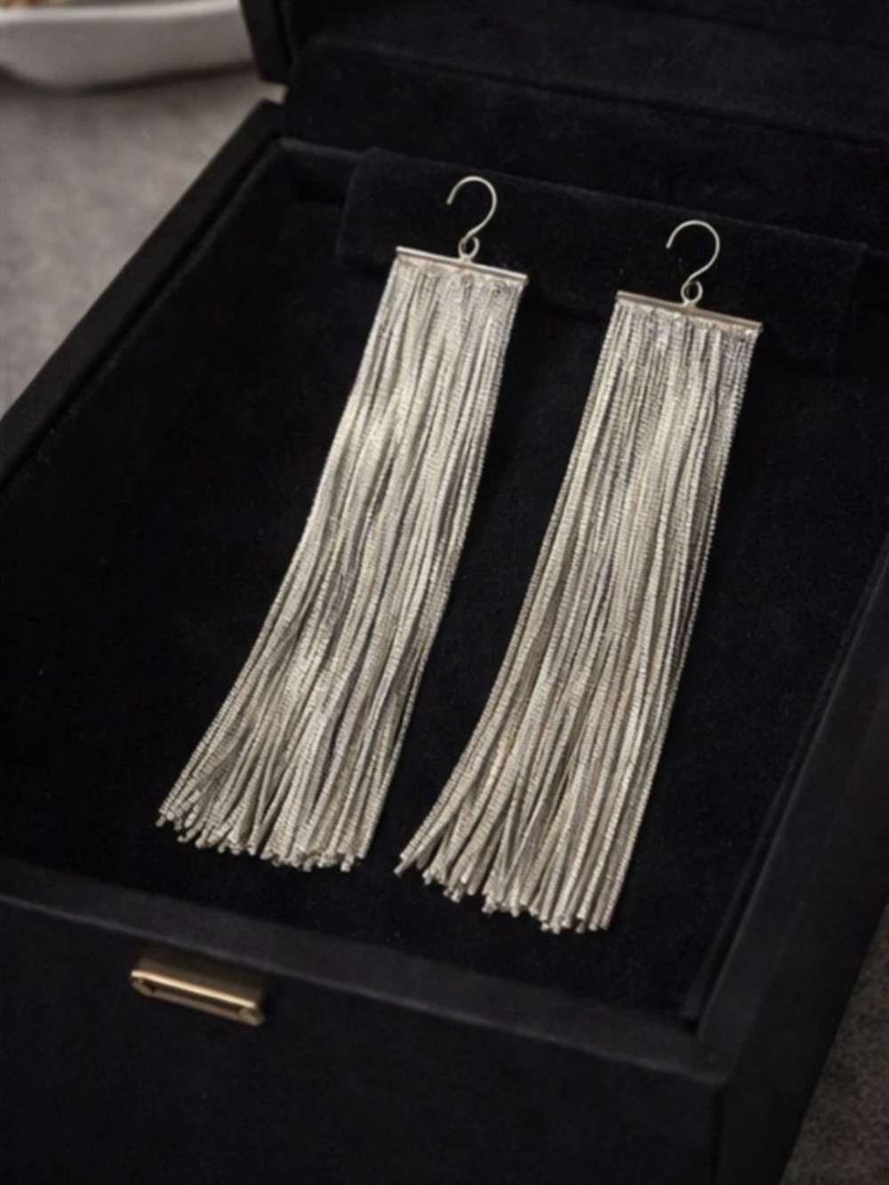 Long Silver Fringe Tassel Drop Earrings. 6 inches each earring weighs 0.10 lbs.
